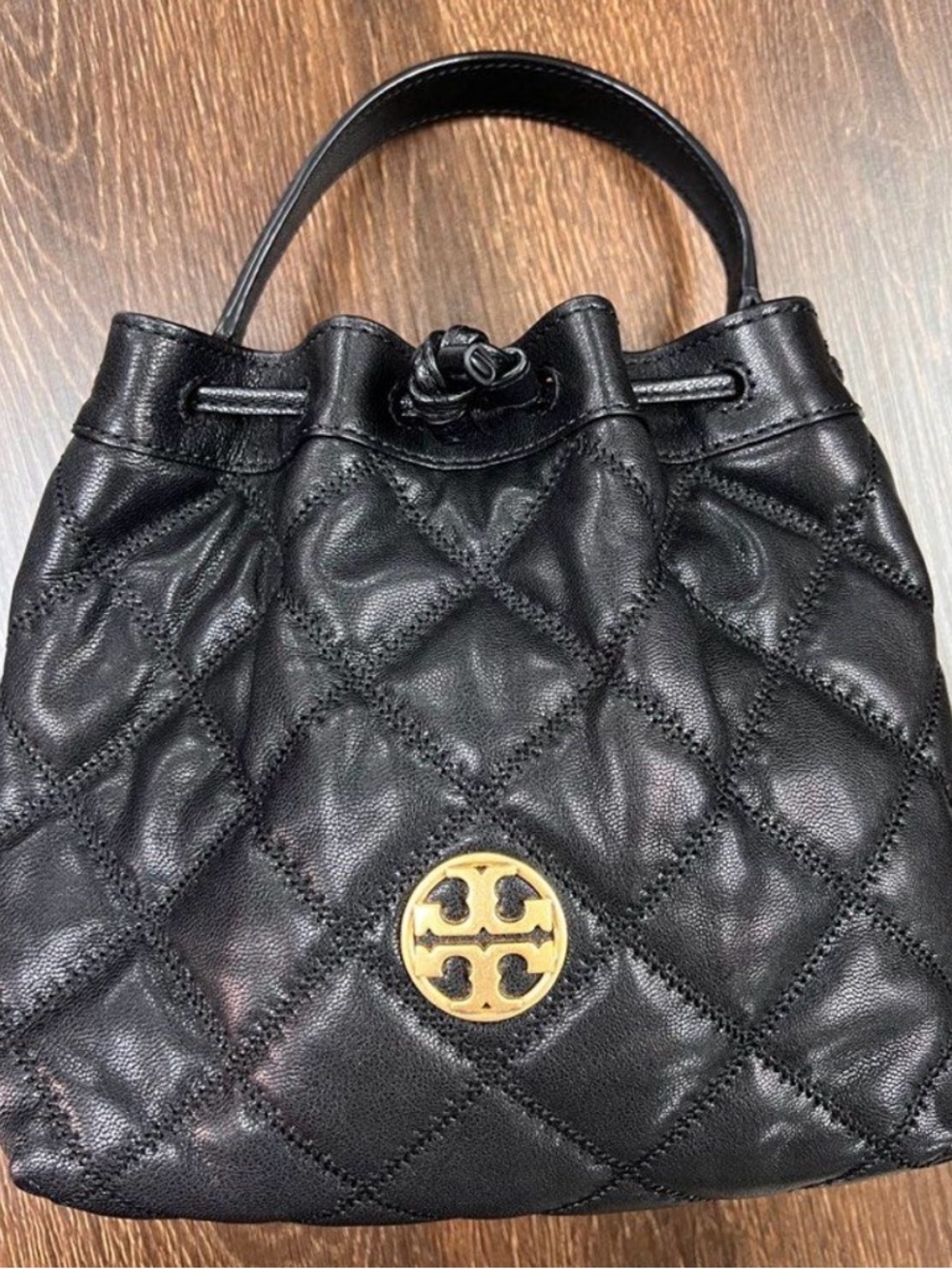 Tory Burch Black Quilted Leather Drawstring Bag with Gold Logo